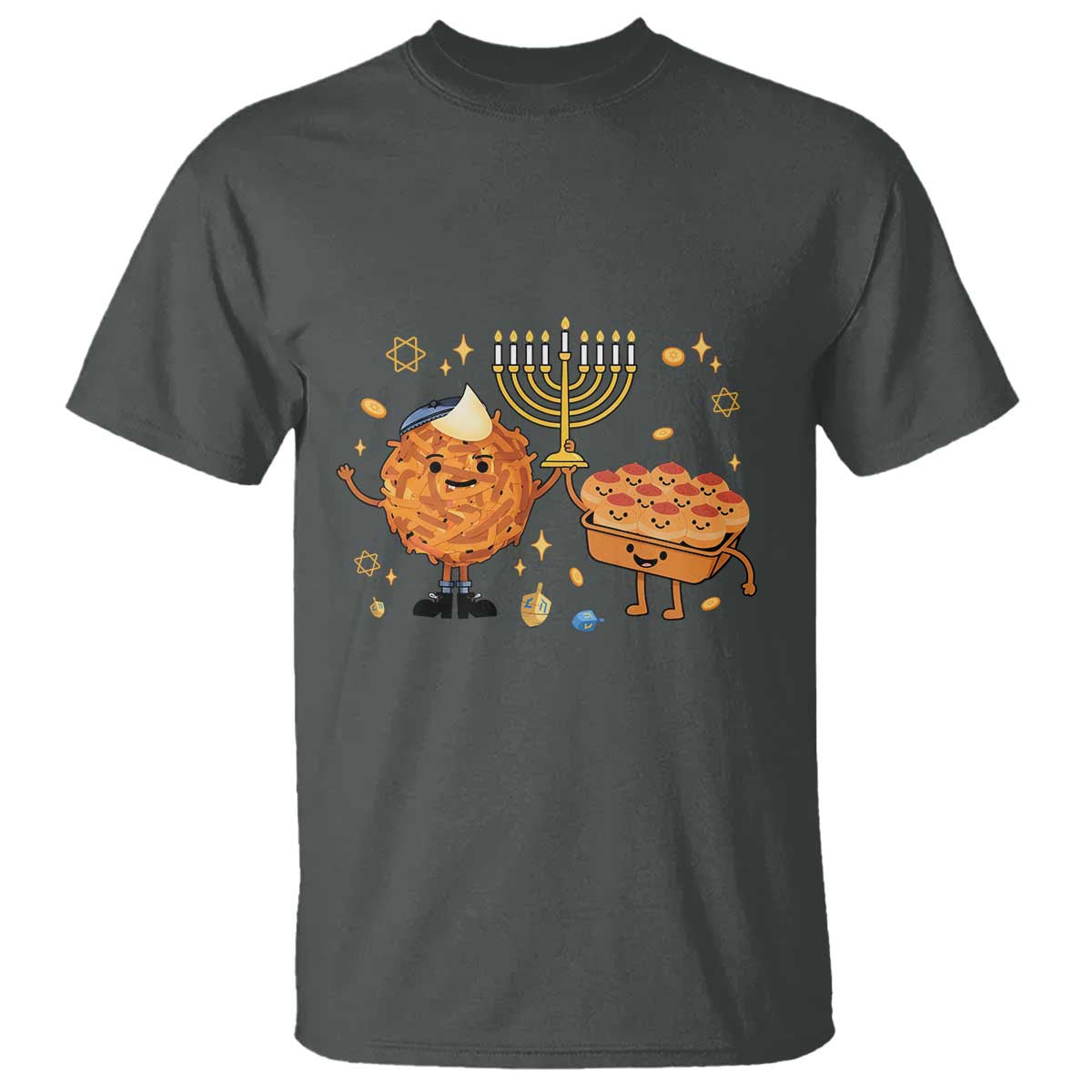 Hanukkah Sufganiyah And Latke Lifting Menorah T Shirt Funny Holiday Gift TS12 Dark Heather Print Your Wear