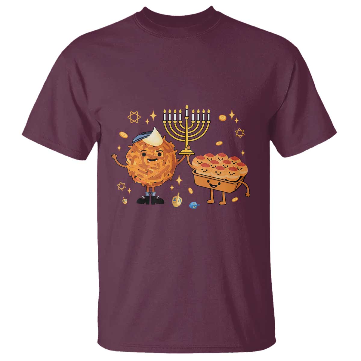 Hanukkah Sufganiyah And Latke Lifting Menorah T Shirt Funny Holiday Gift TS12 Maroon Print Your Wear