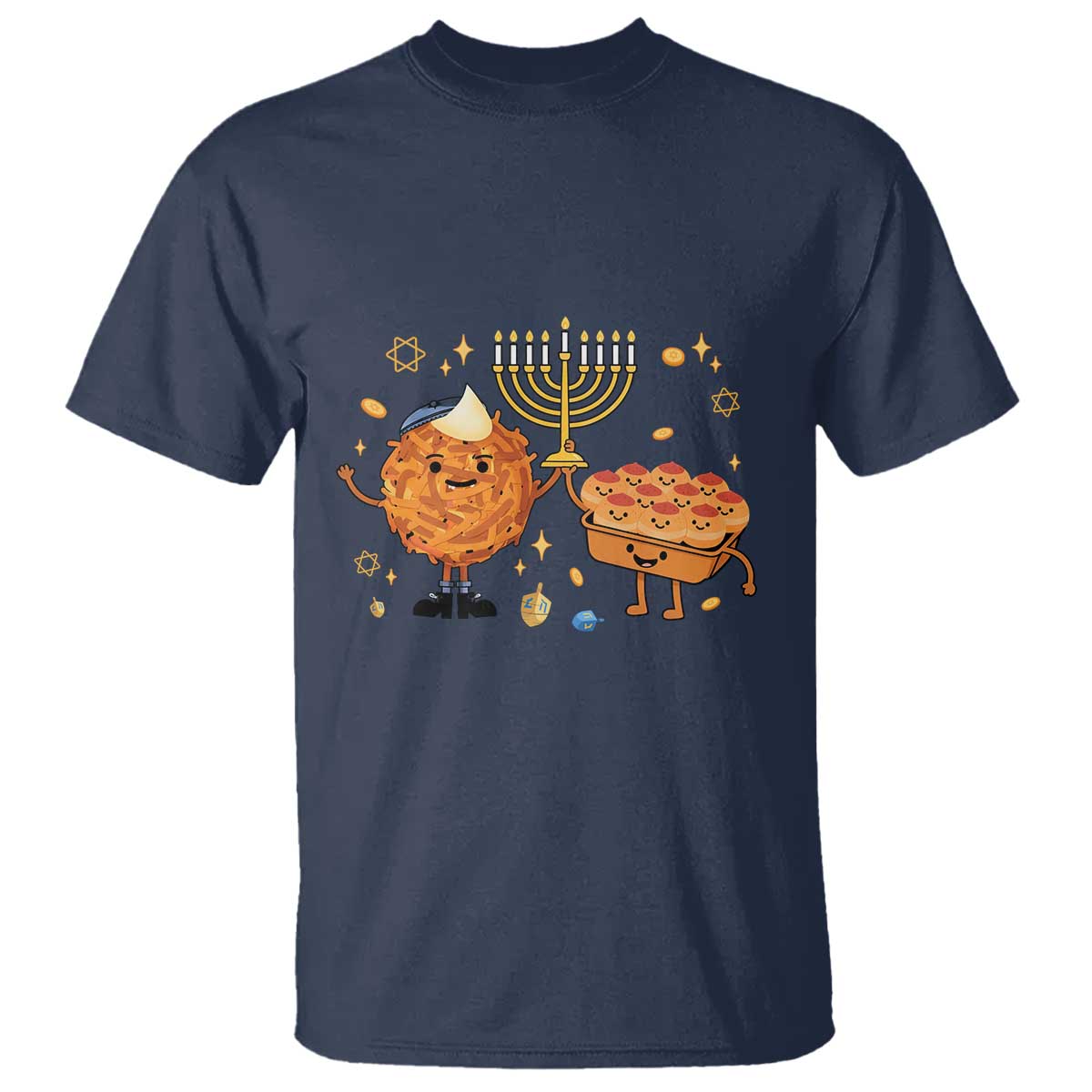 Hanukkah Sufganiyah And Latke Lifting Menorah T Shirt Funny Holiday Gift TS12 Navy Print Your Wear