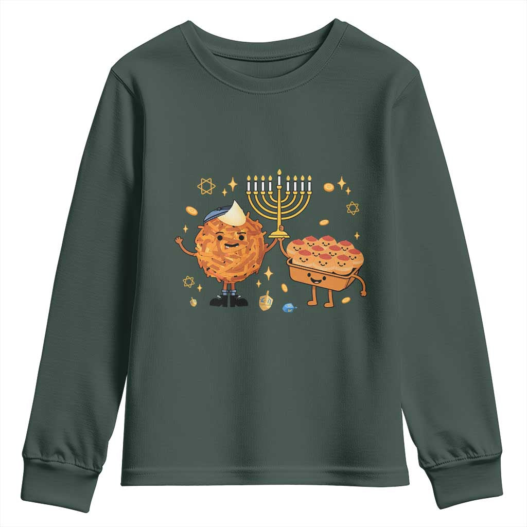 Hanukkah Sufganiyah And Latke Lifting Menorah Youth Sweatshirt Funny Holiday Gift TS12 Dark Forest Green Print Your Wear