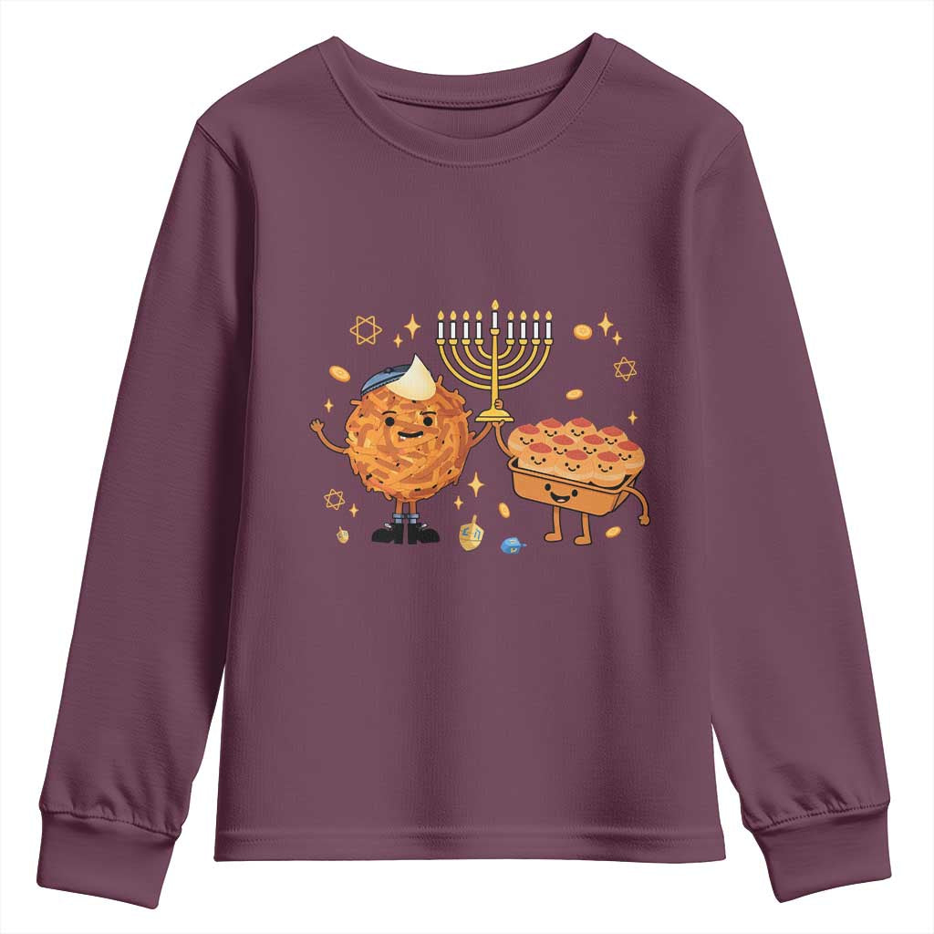 Hanukkah Sufganiyah And Latke Lifting Menorah Youth Sweatshirt Funny Holiday Gift TS12 Maroon Print Your Wear