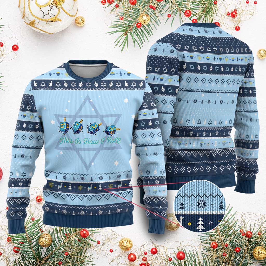Funny Dreidel Hanukkah Ugly Sweater This Is How I Roll Jewish Holiday Gift TS12 Light Blue Navy Print Your Wear