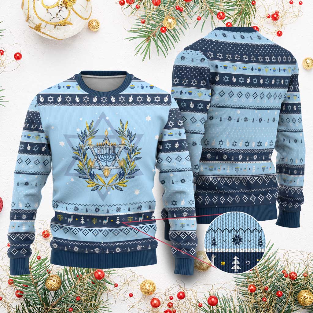Chanukkah Flower Menorah Star Of David Hanukkah Ugly Sweater Gift For Women TS12 Light Blue Navy Print Your Wear