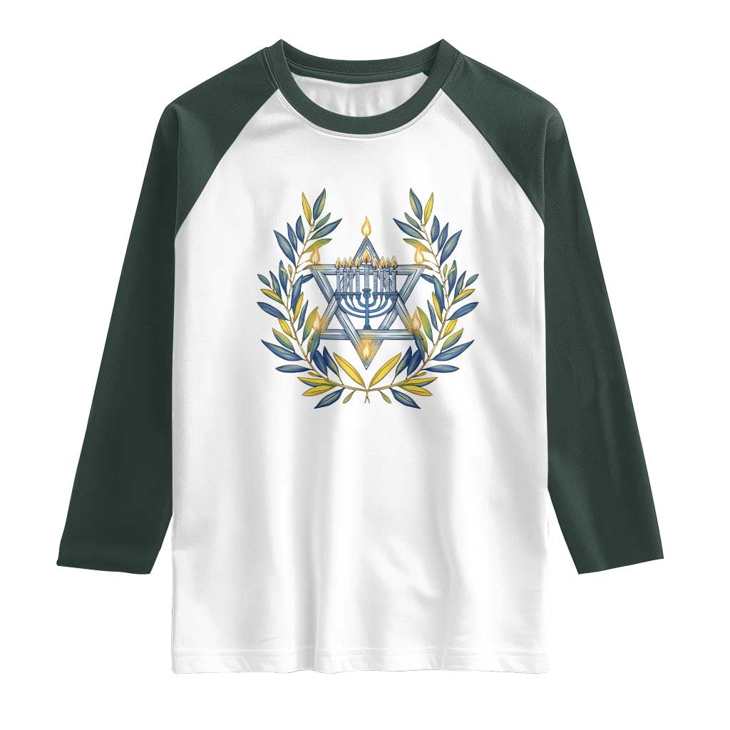 Hanukkah Flower Menorah Star Of David Raglan Shirt Gift For Women TS12 White Dark Forest Green Print Your Wear