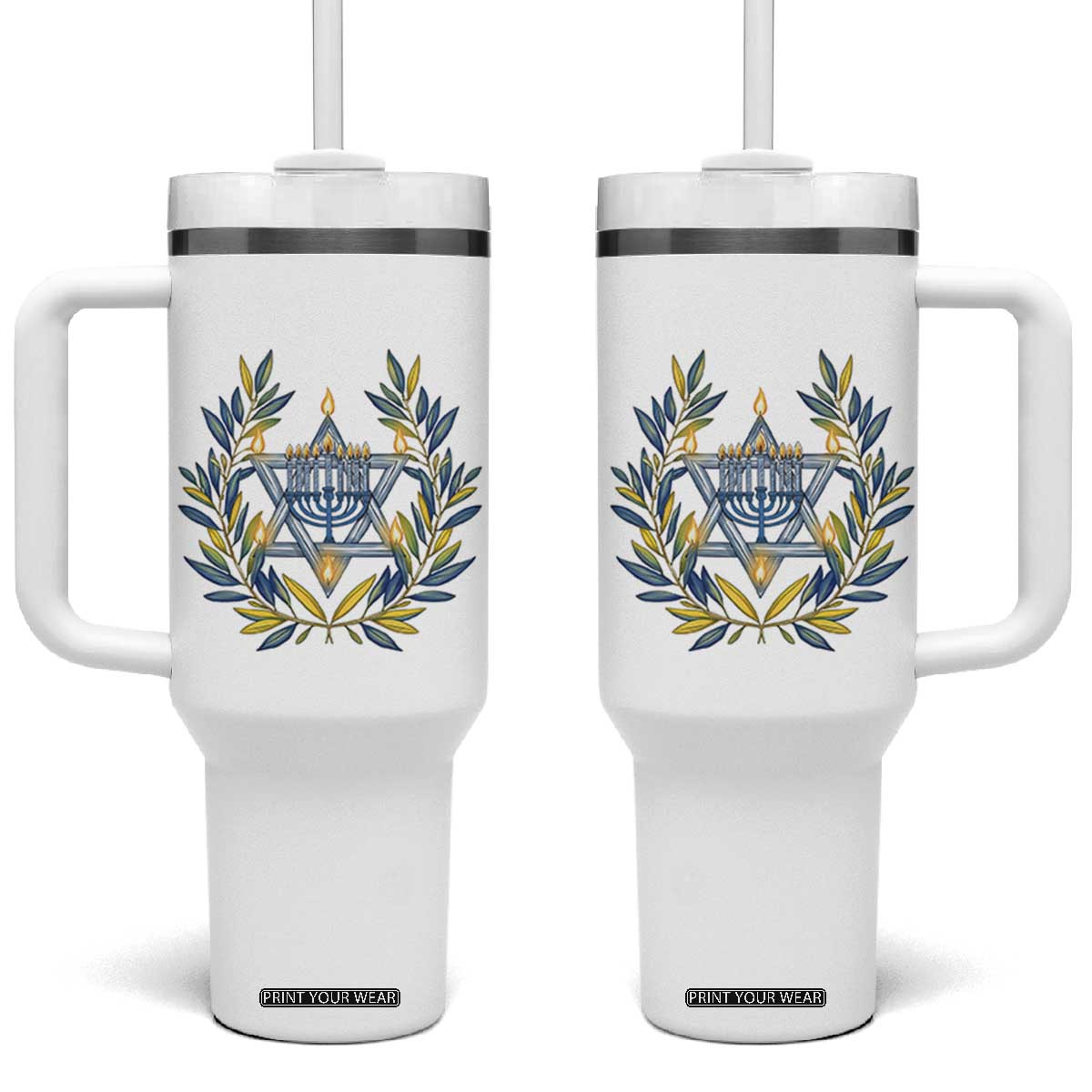 Hanukkah Flower Menorah Star Of David Tumbler With Handle Gift For Women TS12 One Size: 40 oz White Print Your Wear