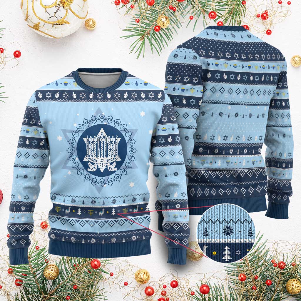 Vintage Menorah Peace Doves Hanukkah Ugly Sweater Festival Of Lights Gift TS12 Light Blue Navy Print Your Wear
