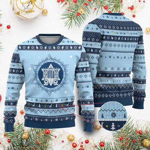 Vintage Menorah Peace Doves Hanukkah Ugly Sweater Festival Of Lights Gift TS12 Light Blue Navy Print Your Wear
