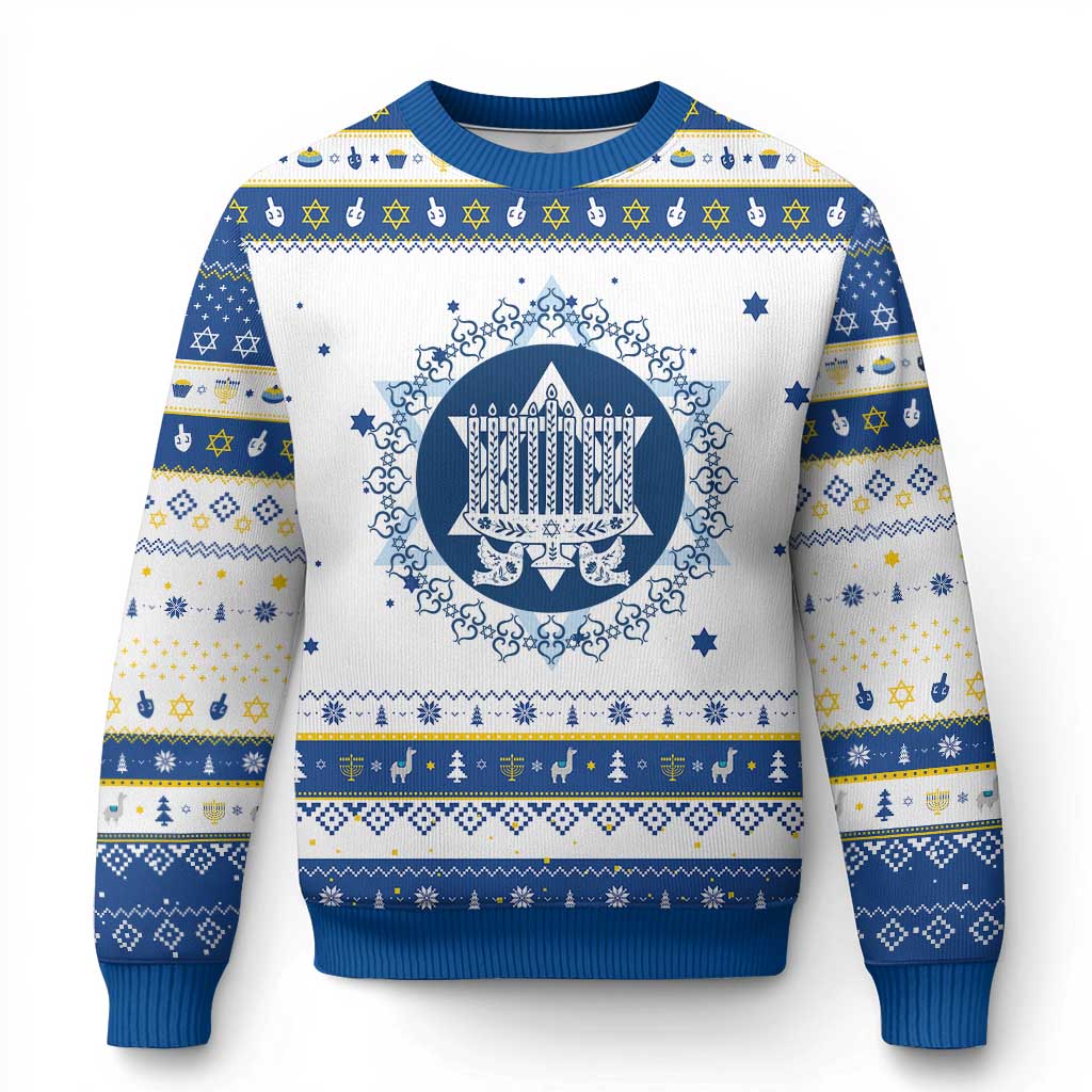 Vintage Menorah Peace Doves Hanukkah Ugly Sweater Festival Of Lights Gift TS12 White Royal Blue Print Your Wear