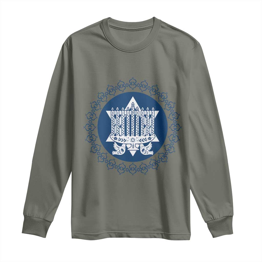 Hanukkah Vintage Menorah Peace Doves Long Sleeve Shirt Festival Of Lights Gift TS12 Military Green Print Your Wear
