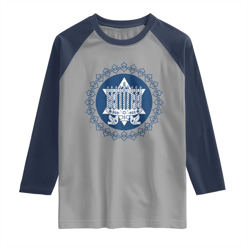 Hanukkah Vintage Menorah Peace Doves Raglan Shirt Festival Of Lights Gift TS12 Sport Gray Navy Print Your Wear