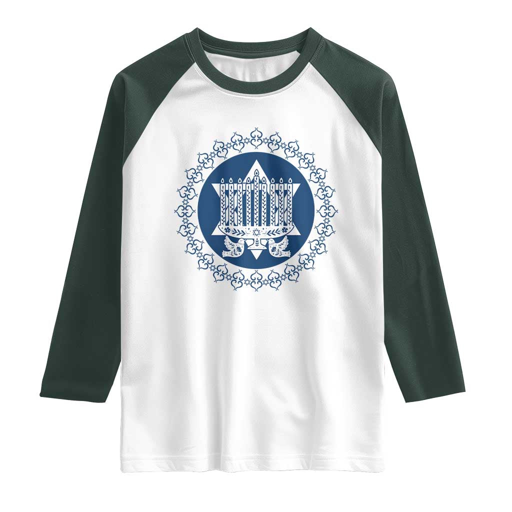 Hanukkah Vintage Menorah Peace Doves Raglan Shirt Festival Of Lights Gift TS12 White Dark Forest Green Print Your Wear