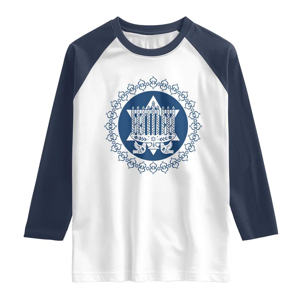 Hanukkah Vintage Menorah Peace Doves Raglan Shirt Festival Of Lights Gift TS12 White Navy Print Your Wear