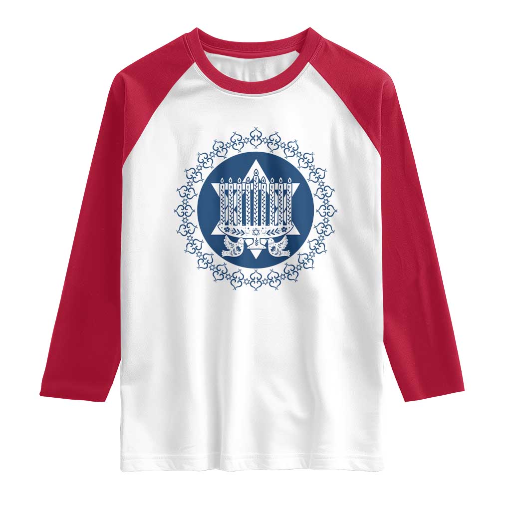 Hanukkah Vintage Menorah Peace Doves Raglan Shirt Festival Of Lights Gift TS12 White Red Print Your Wear