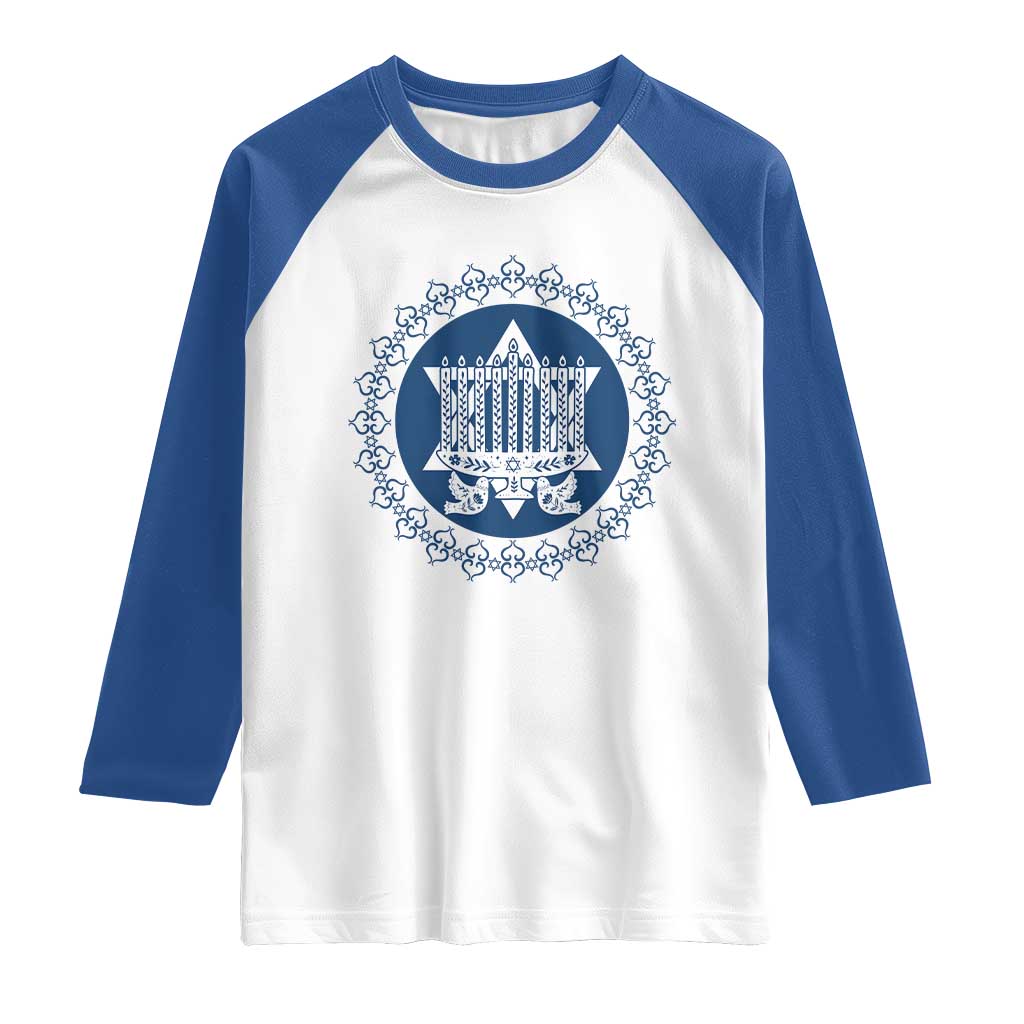 Hanukkah Vintage Menorah Peace Doves Raglan Shirt Festival Of Lights Gift TS12 White Royal Print Your Wear