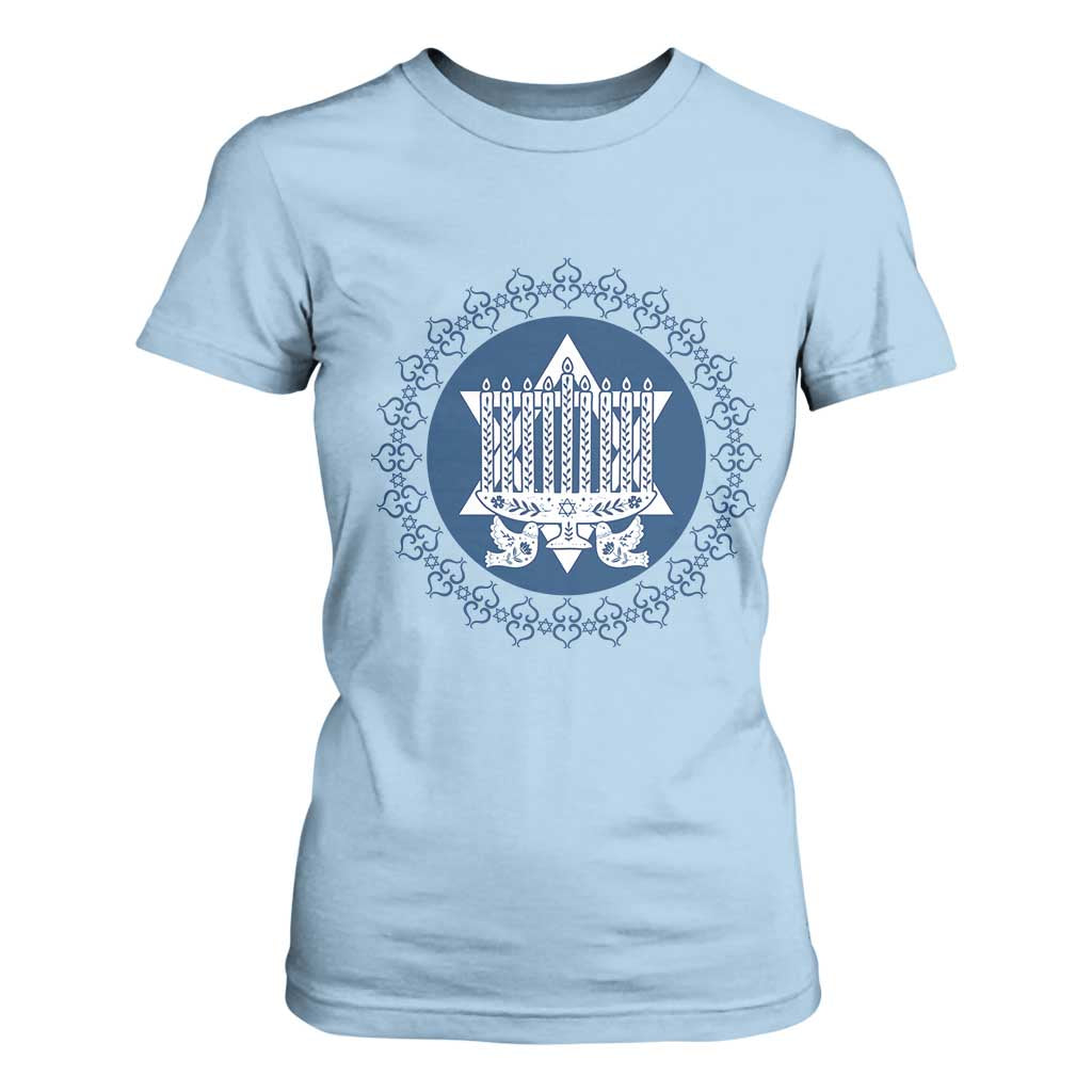 Hanukkah Vintage Menorah Peace Doves T Shirt For Women Festival Of Lights Gift TS12 Light Blue Print Your Wear