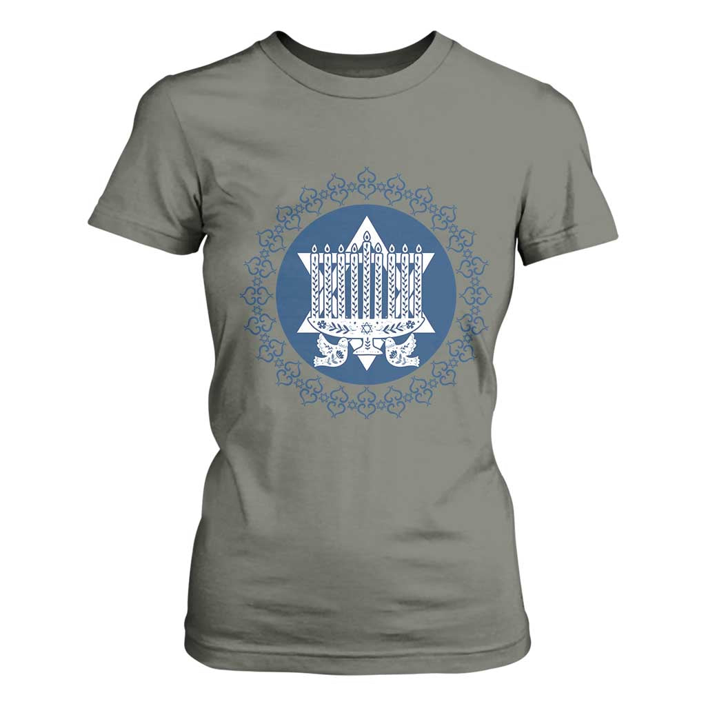 Hanukkah Vintage Menorah Peace Doves T Shirt For Women Festival Of Lights Gift TS12 Military Green Print Your Wear