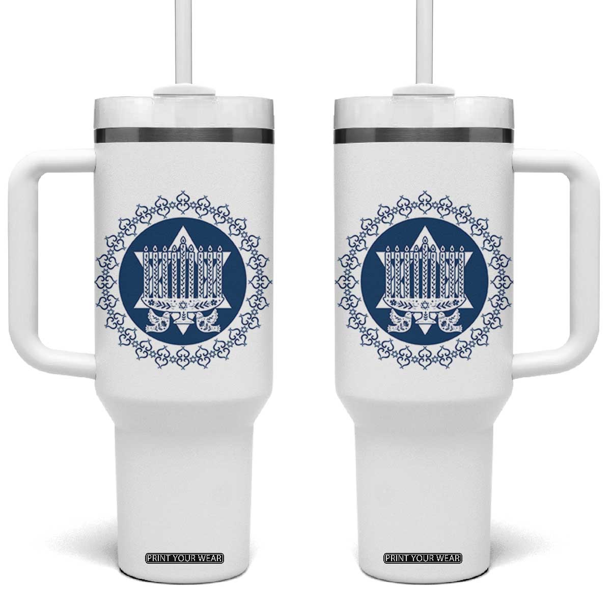 Hanukkah Vintage Menorah Peace Doves Tumbler With Handle Festival Of Lights Gift TS12 One Size: 40 oz White Print Your Wear