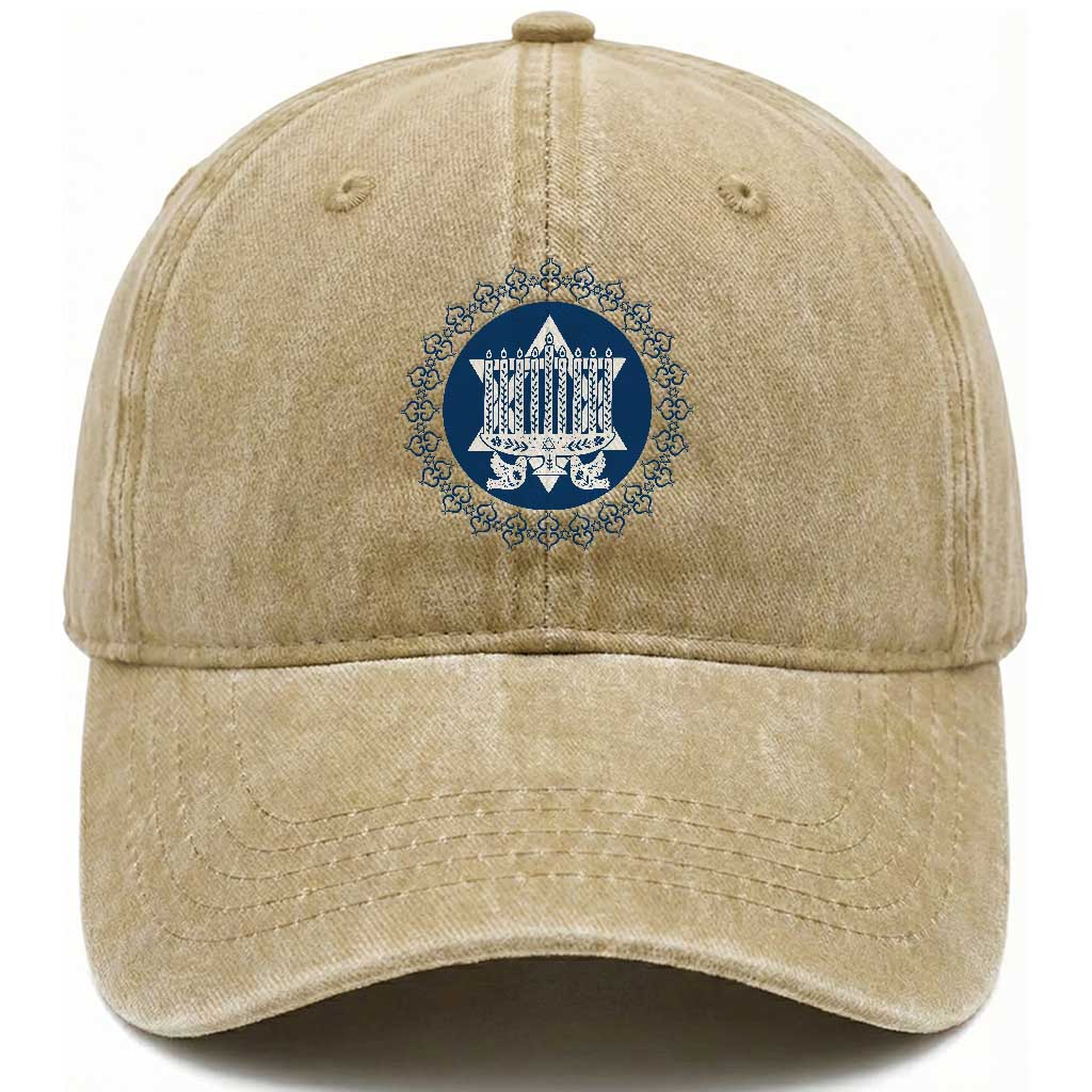 Hanukkah Vintage Menorah Peace Doves Washed Cotton Baseball Cap Festival Of Lights Gift TS12 Print Your Wear