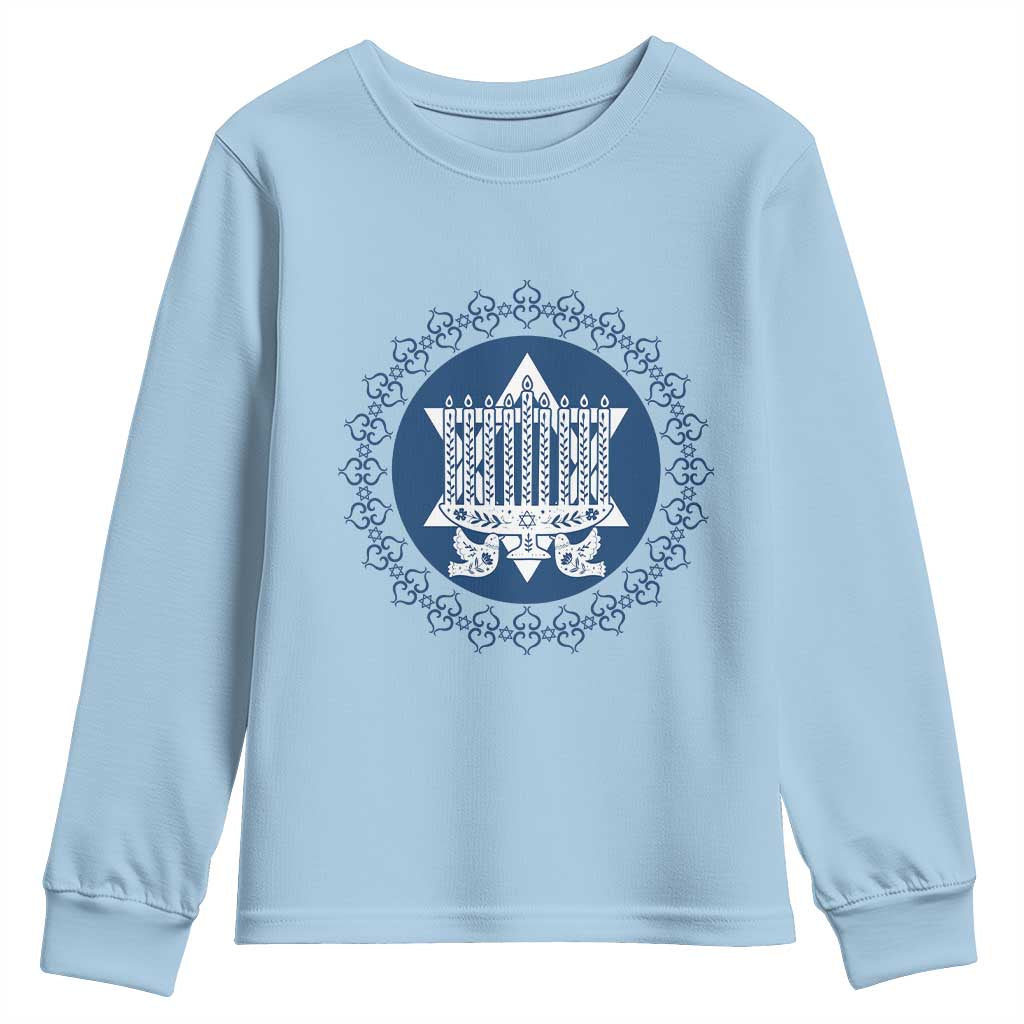 Hanukkah Vintage Menorah Peace Doves Youth Sweatshirt Festival Of Lights Gift TS12 Light Blue Print Your Wear