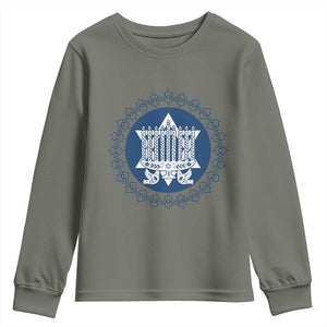 Hanukkah Vintage Menorah Peace Doves Youth Sweatshirt Festival Of Lights Gift TS12 Military Green Print Your Wear