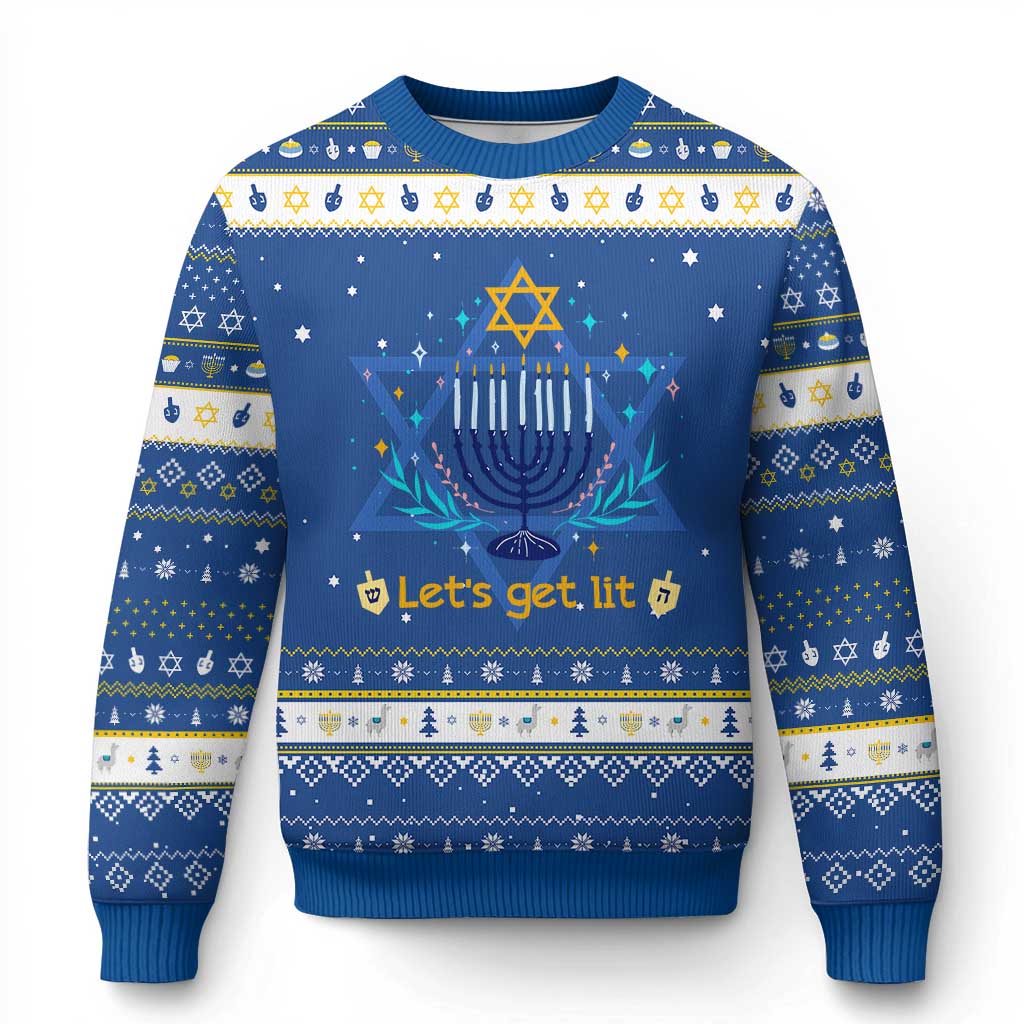 Funny Chanukkah Hanukkah Ugly Sweater Lets Get Lit Jewish Holiday Gift TS12 Blue White Print Your Wear