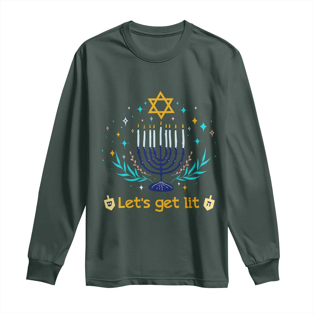 Funny Hanukkah Long Sleeve Shirt Lets Get Lit Jewish Holiday Gift TS12 Dark Forest Green Print Your Wear