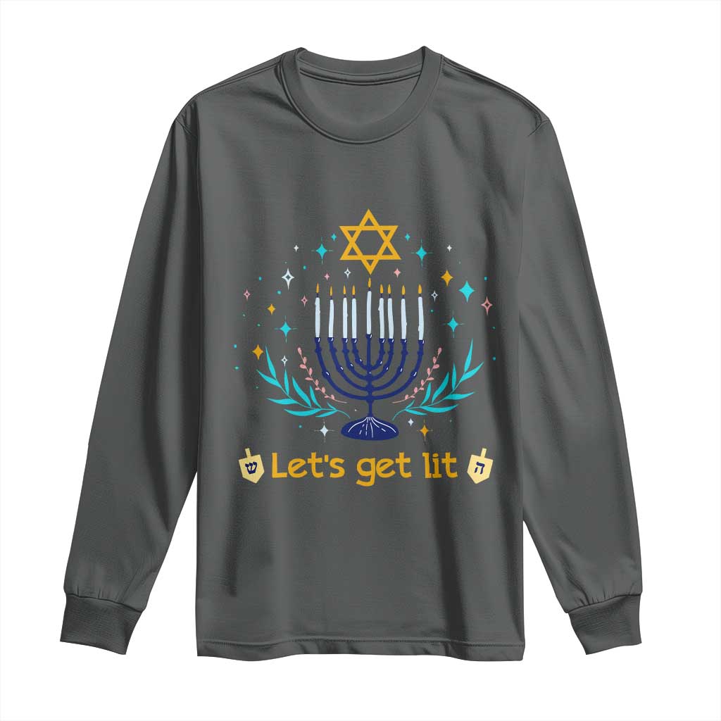 Funny Hanukkah Long Sleeve Shirt Lets Get Lit Jewish Holiday Gift TS12 Dark Heather Print Your Wear