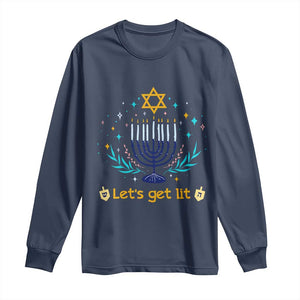 Funny Hanukkah Long Sleeve Shirt Lets Get Lit Jewish Holiday Gift TS12 Navy Print Your Wear