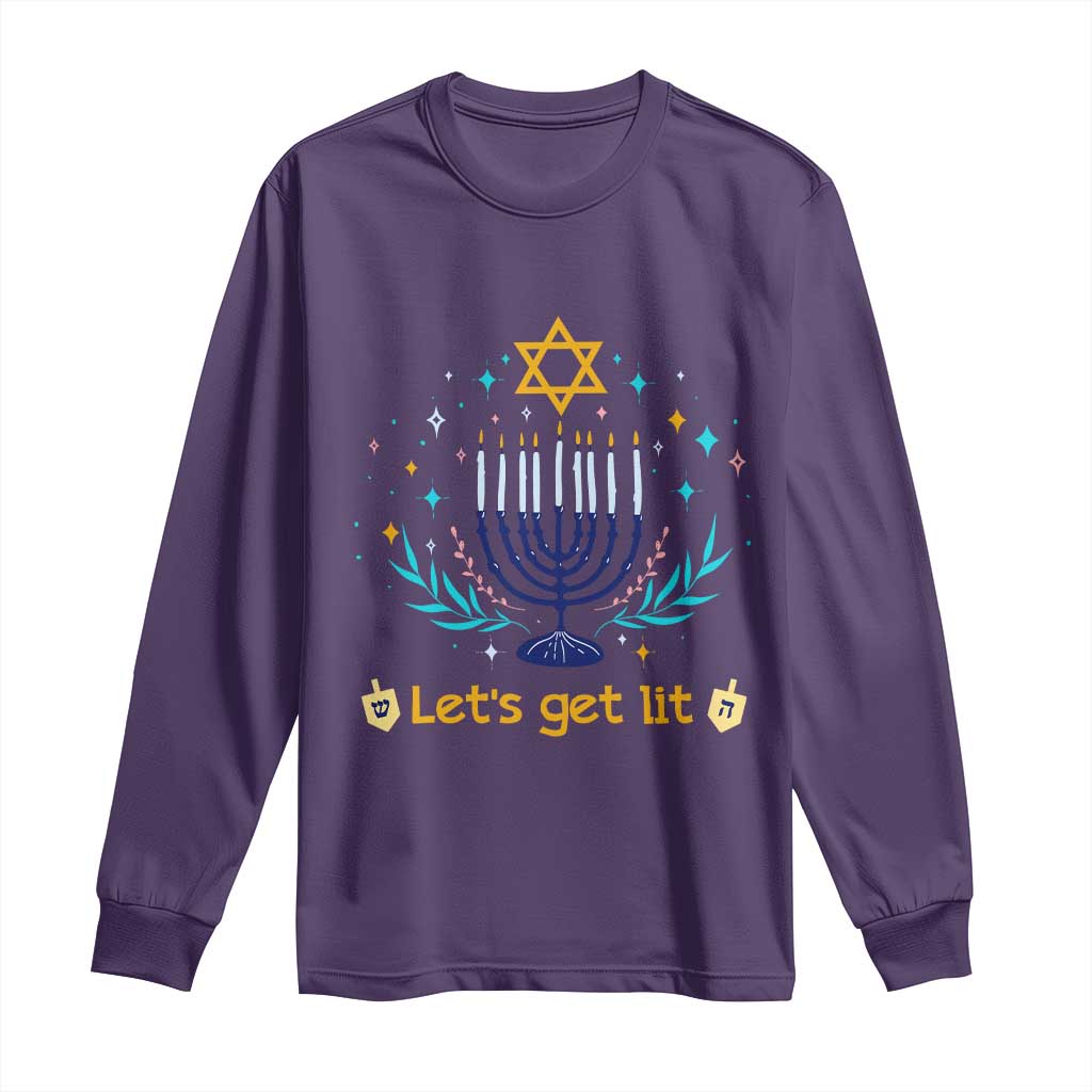 Funny Hanukkah Long Sleeve Shirt Lets Get Lit Jewish Holiday Gift TS12 Purple Print Your Wear