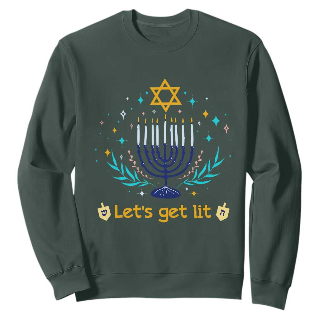 Funny Hanukkah Sweatshirt Lets Get Lit Jewish Holiday Gift TS12 Dark Forest Green Print Your Wear