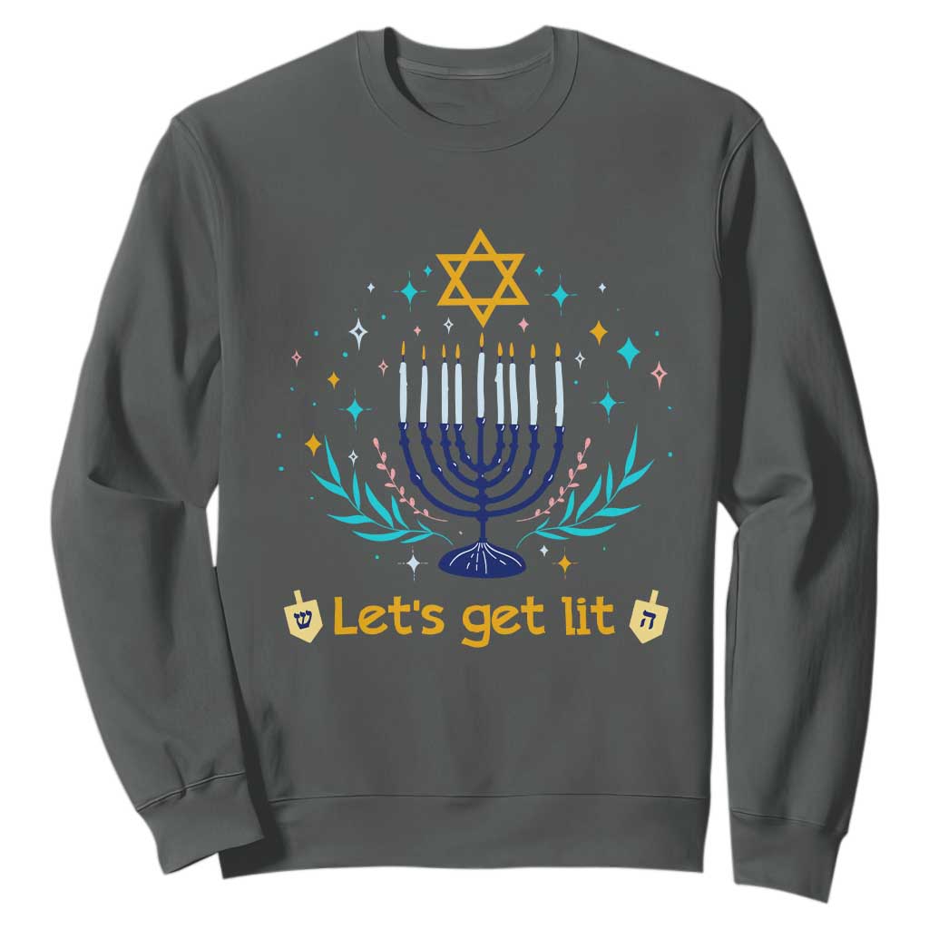Funny Hanukkah Sweatshirt Lets Get Lit Jewish Holiday Gift TS12 Dark Heather Print Your Wear
