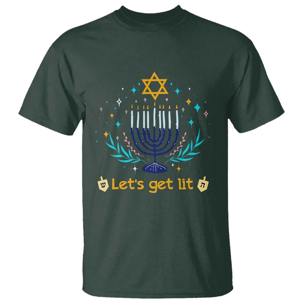 Funny Hanukkah T Shirt Lets Get Lit Jewish Holiday Gift TS12 Dark Forest Green Print Your Wear