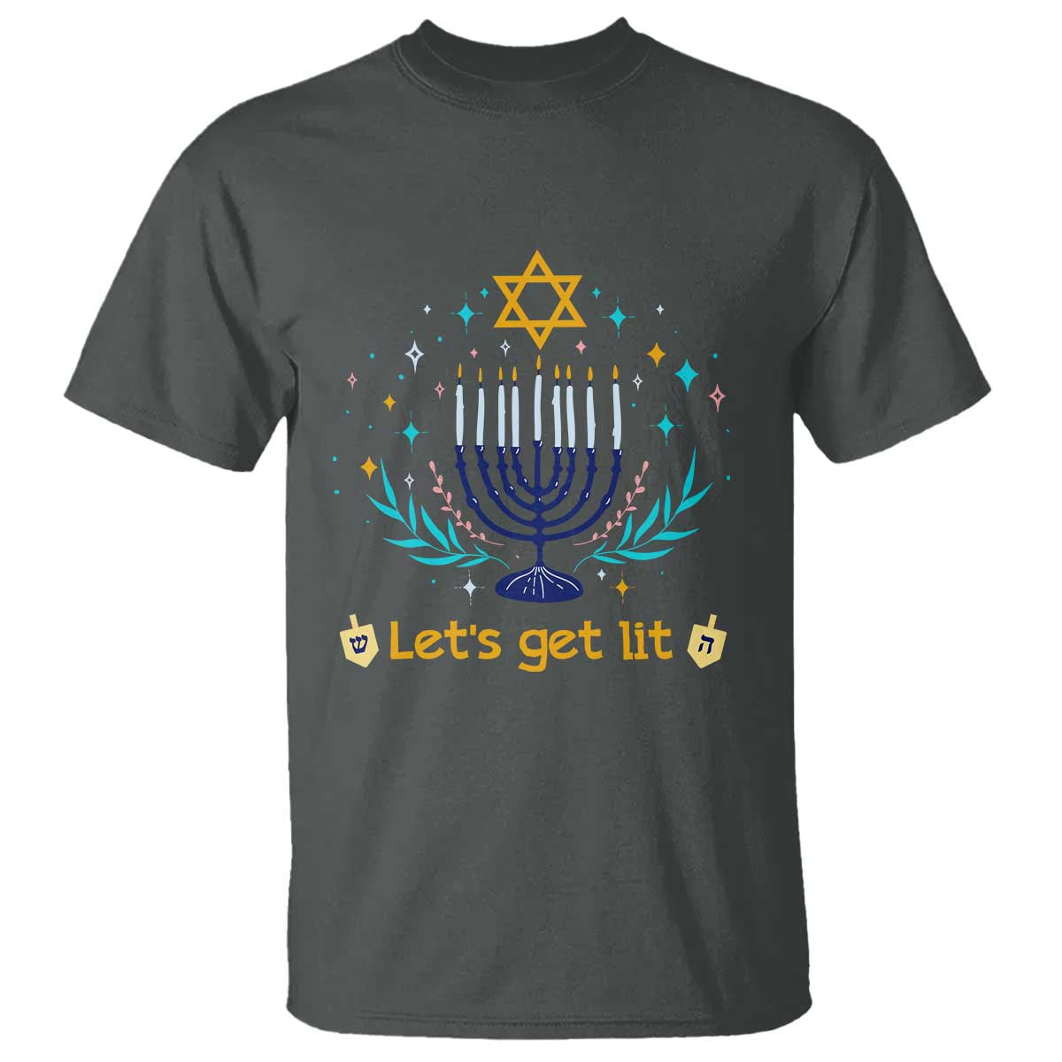 Funny Hanukkah T Shirt Lets Get Lit Jewish Holiday Gift TS12 Dark Heather Print Your Wear