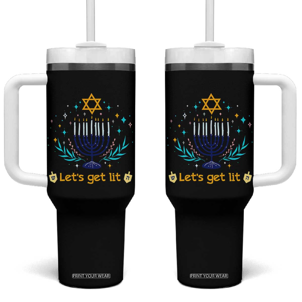Funny Hanukkah Tumbler With Handle Lets Get Lit Jewish Holiday Gift TS12 One Size: 40 oz Black Print Your Wear
