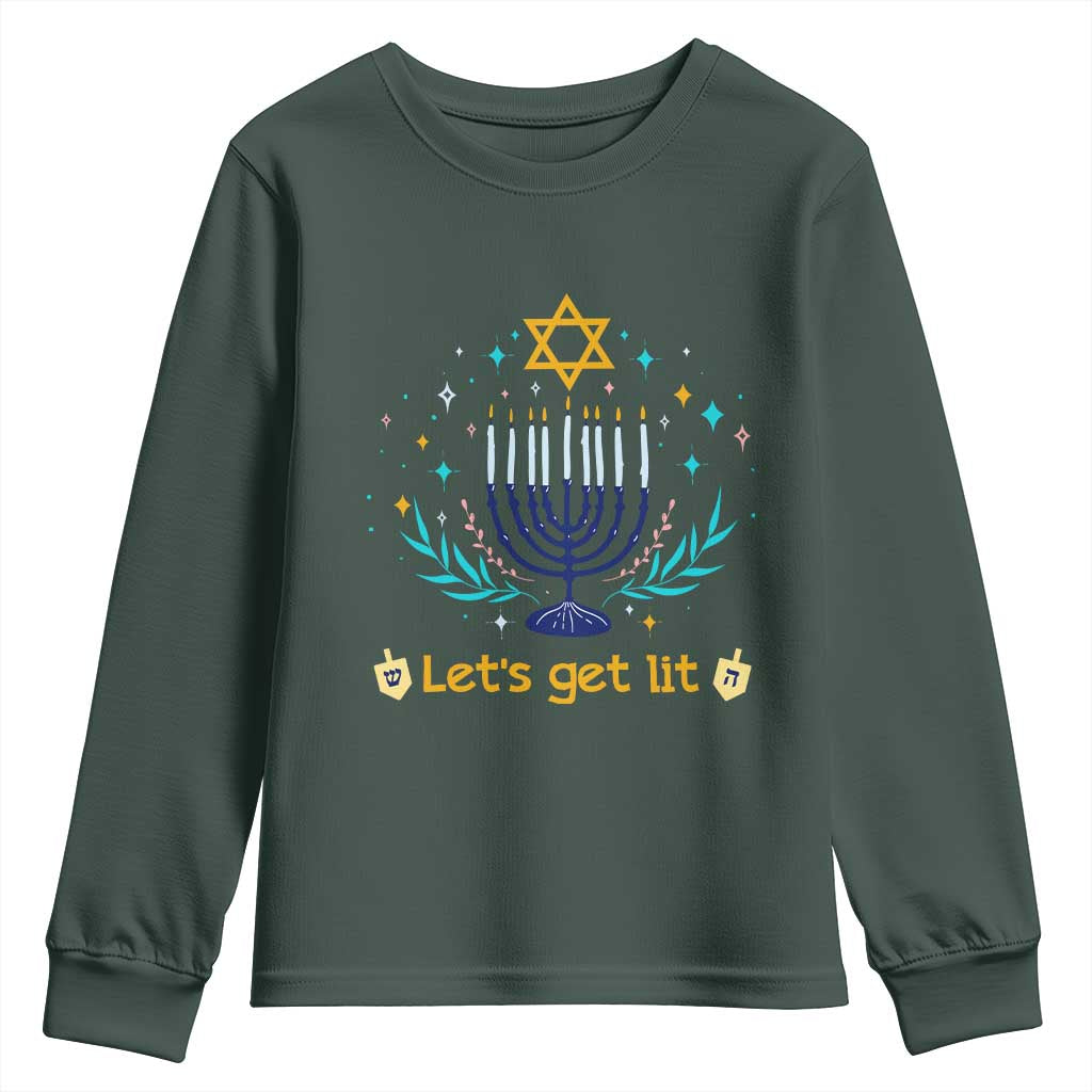 Funny Hanukkah Youth Sweatshirt Lets Get Lit Jewish Holiday Gift TS12 Dark Forest Green Print Your Wear
