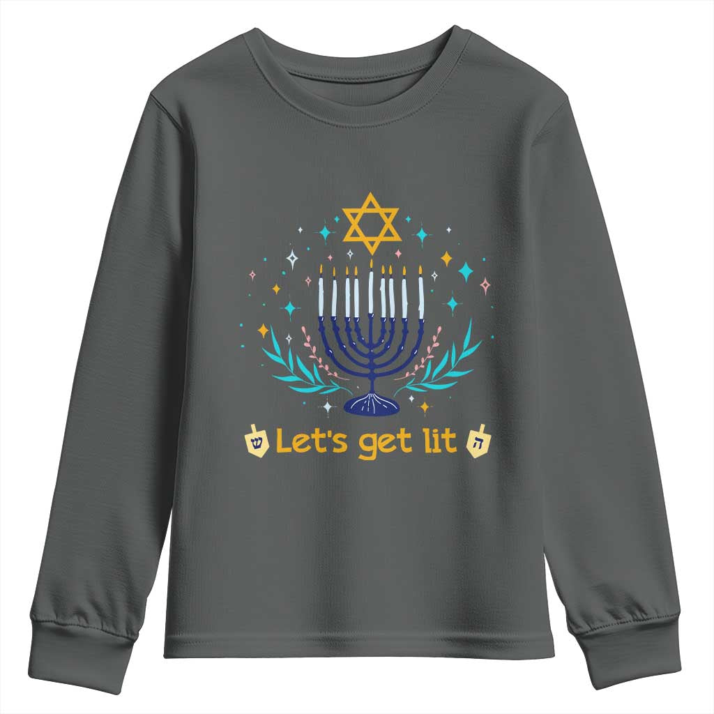 Funny Hanukkah Youth Sweatshirt Lets Get Lit Jewish Holiday Gift TS12 Dark Heather Print Your Wear