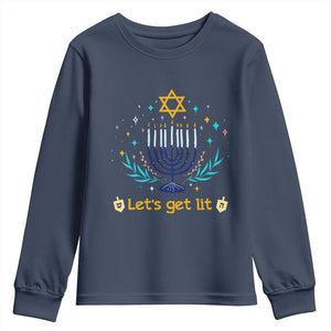 Funny Hanukkah Youth Sweatshirt Lets Get Lit Jewish Holiday Gift TS12 Navy Print Your Wear