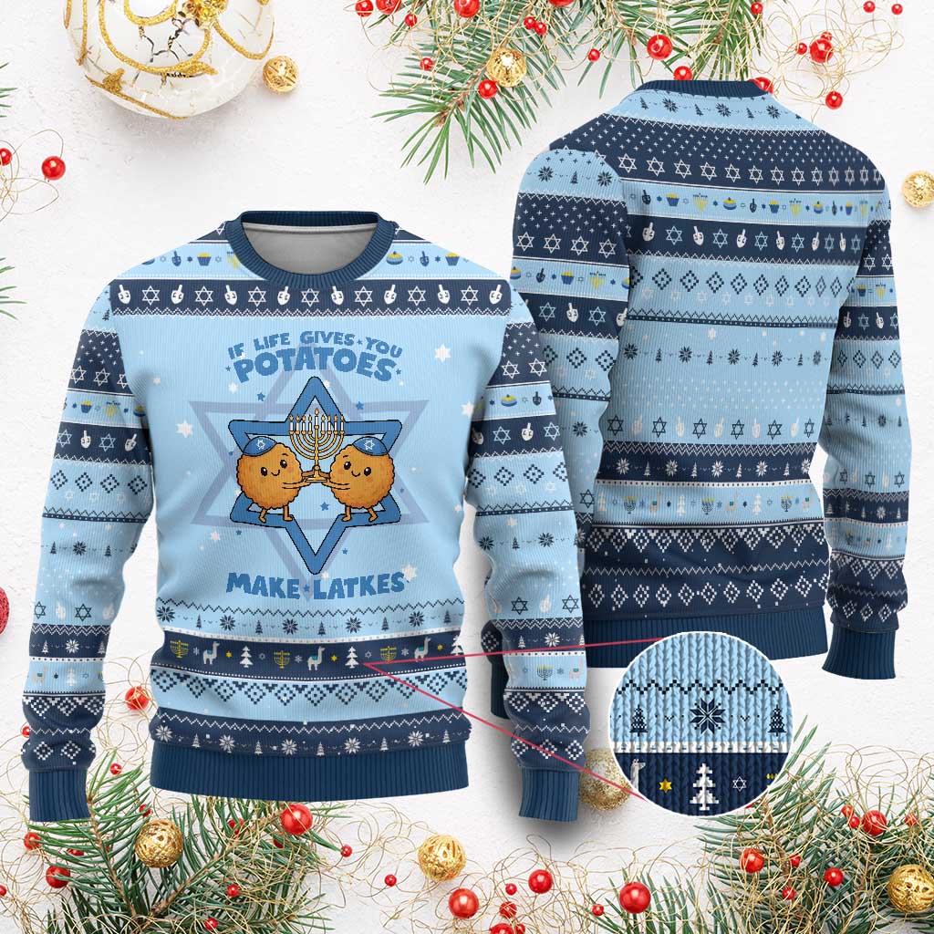 Funny Chanukkah Gift Hanukkah Ugly Sweater If Life Gives You Potatoes Make Latkes TS12 Light Blue Navy Print Your Wear