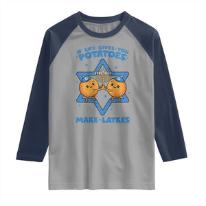 Funny Hanukkah Gift Raglan Shirt If Life Gives You Potatoes Make Latkes TS12 Sport Gray Navy Print Your Wear