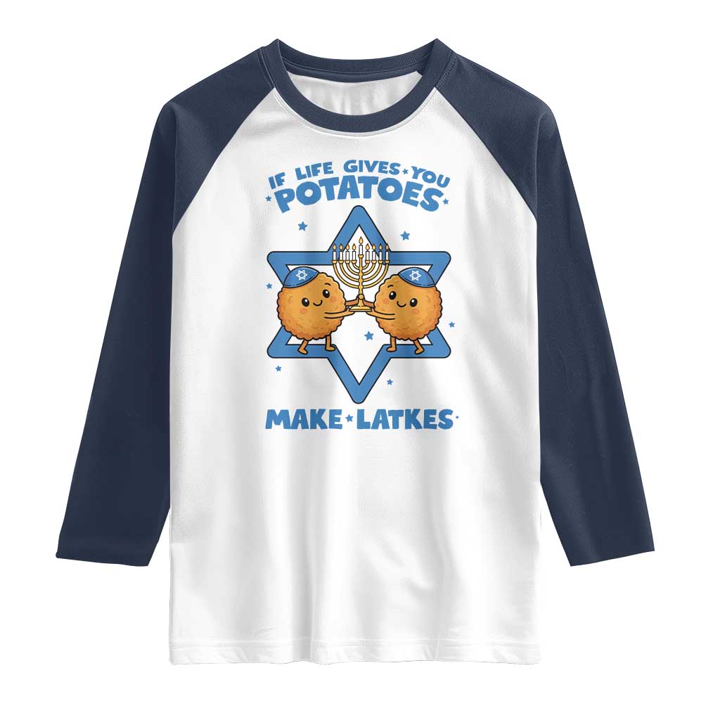 Funny Hanukkah Gift Raglan Shirt If Life Gives You Potatoes Make Latkes TS12 White Navy Print Your Wear