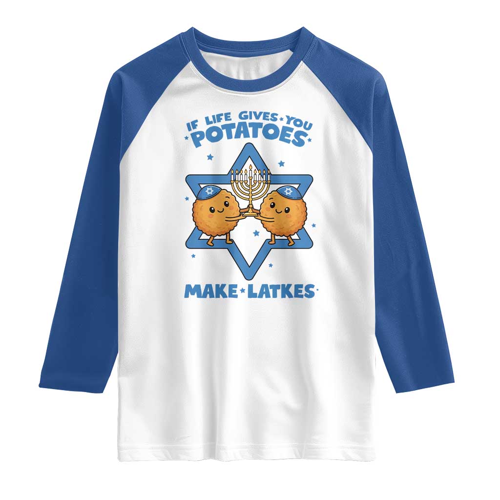 Funny Hanukkah Gift Raglan Shirt If Life Gives You Potatoes Make Latkes TS12 White Royal Print Your Wear