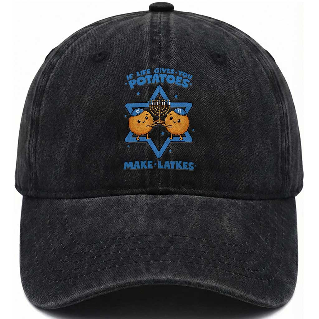 Funny Hanukkah Gift Washed Cotton Baseball Cap If Life Gives You Potatoes Make Latkes TS12 Print Your Wear