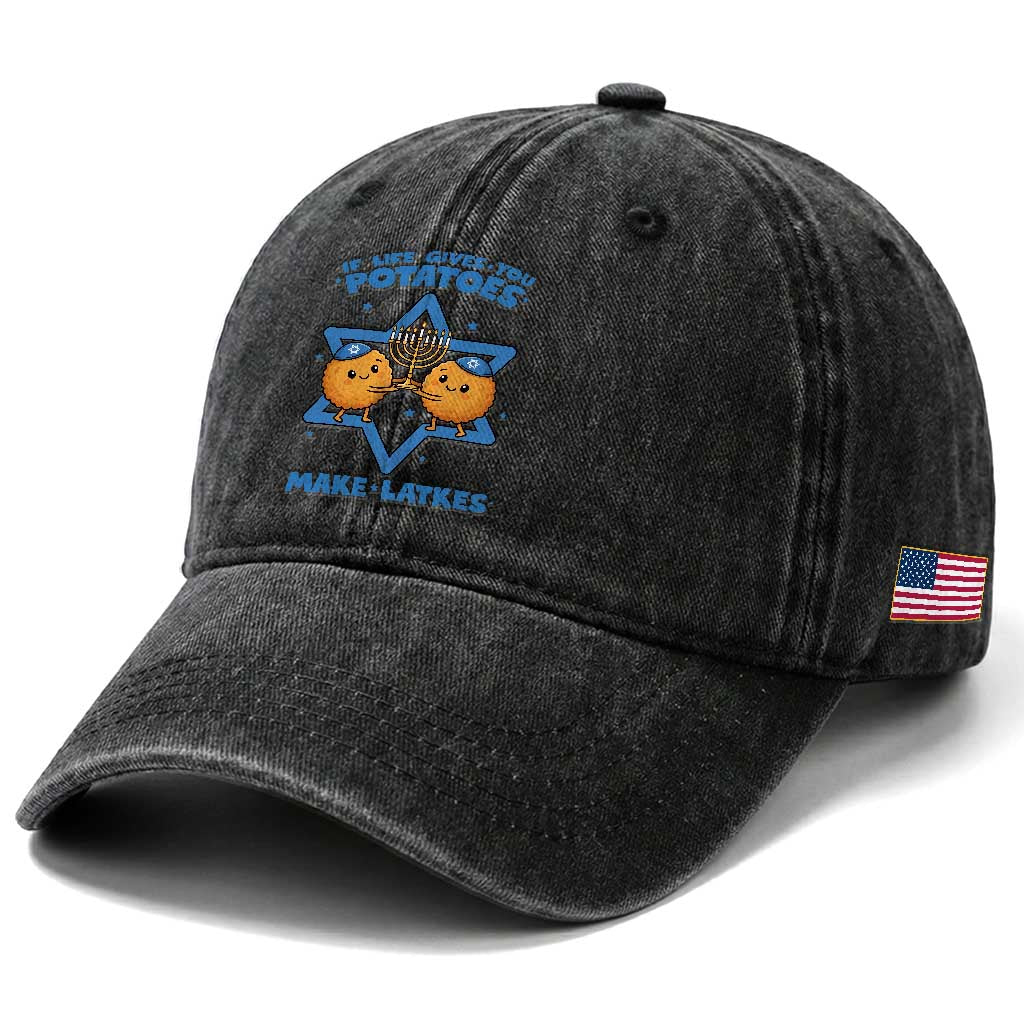Funny Hanukkah Gift Washed Cotton Baseball Cap If Life Gives You Potatoes Make Latkes TS12 Print Your Wear