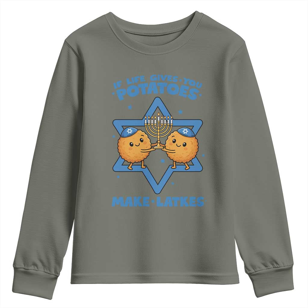 Funny Hanukkah Gift Youth Sweatshirt If Life Gives You Potatoes Make Latkes TS12 Military Green Print Your Wear