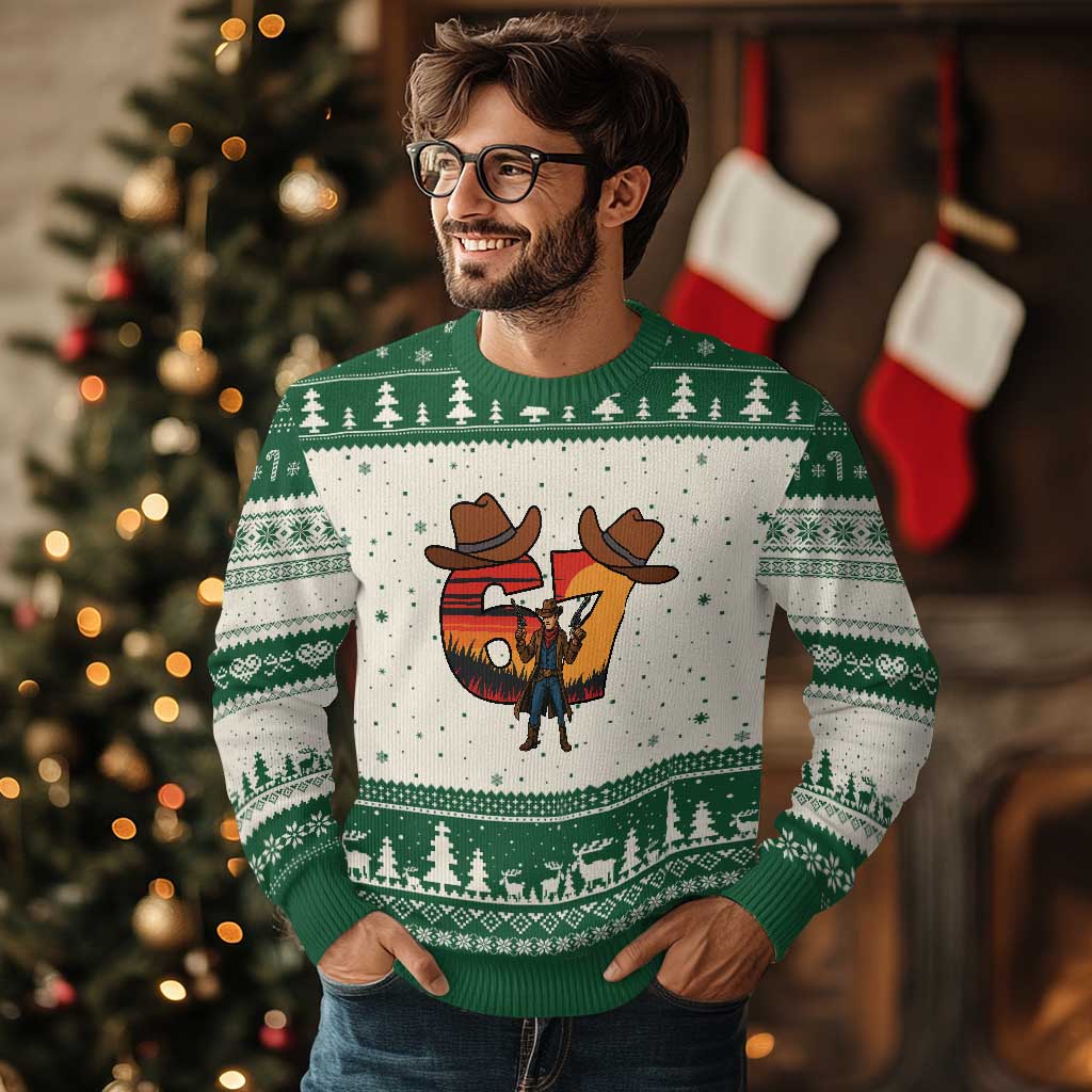 Six Seven Meme Cowboy Ugly Christmas Sweater Funny Western 67 Trend Gift TS12 Beige Green Print Your Wear