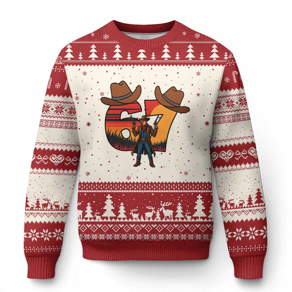 Six Seven Meme Cowboy Ugly Christmas Sweater Funny Western 67 Trend Gift TS12 Beige Red Print Your Wear