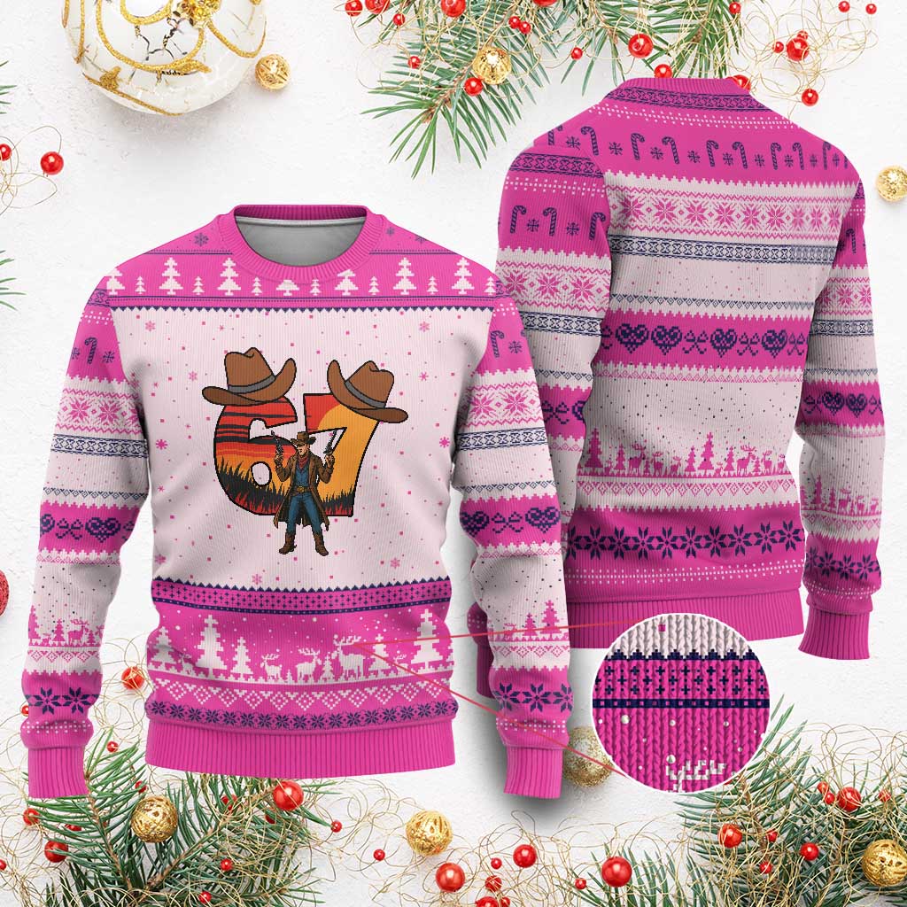 Six Seven Meme Cowboy Ugly Christmas Sweater Funny Western 67 Trend Gift TS12 Hot Pink Print Your Wear
