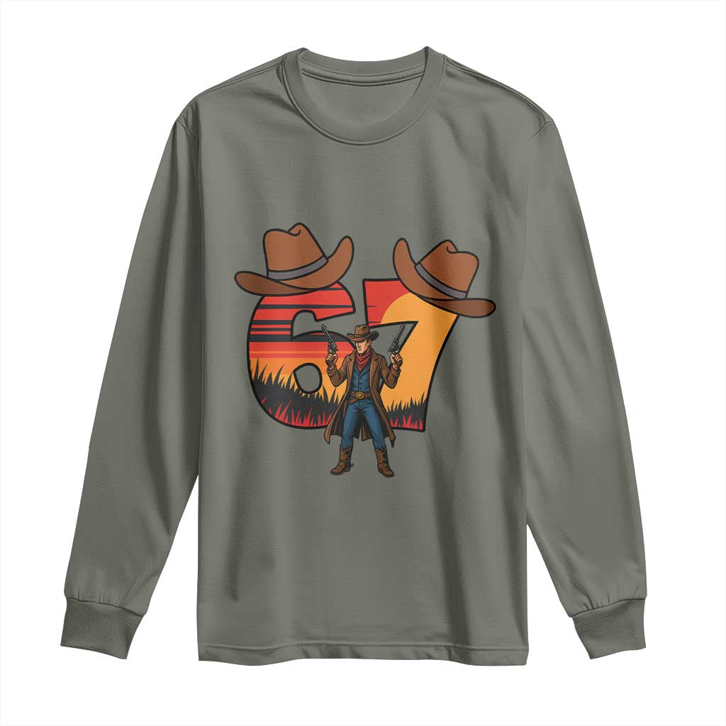 Six Seven Meme Cowboy Long Sleeve Shirt Funny Western 67 Trend Gift TS12 Military Green Print Your Wear
