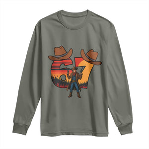 Six Seven Meme Cowboy Long Sleeve Shirt Funny Western 67 Trend Gift TS12 Military Green Print Your Wear