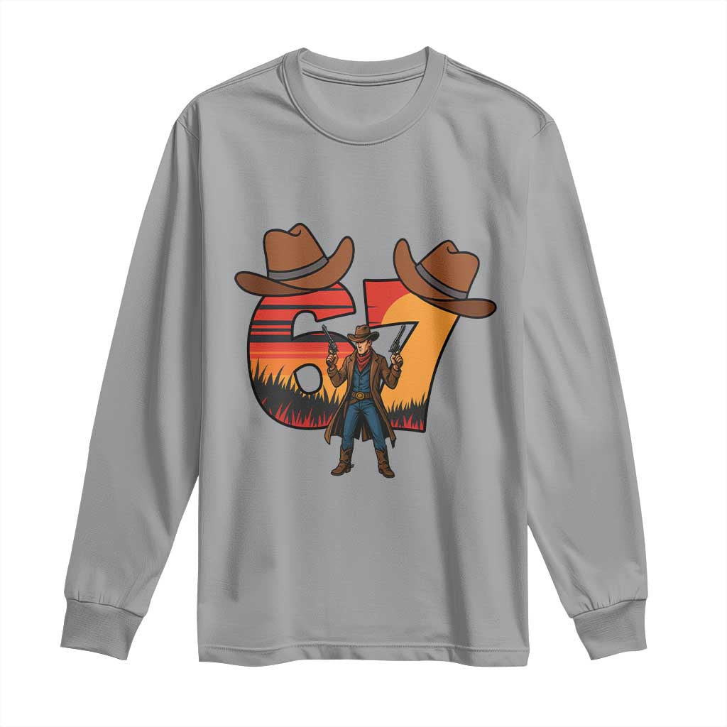 Six Seven Meme Cowboy Long Sleeve Shirt Funny Western 67 Trend Gift TS12 Sport Gray Print Your Wear